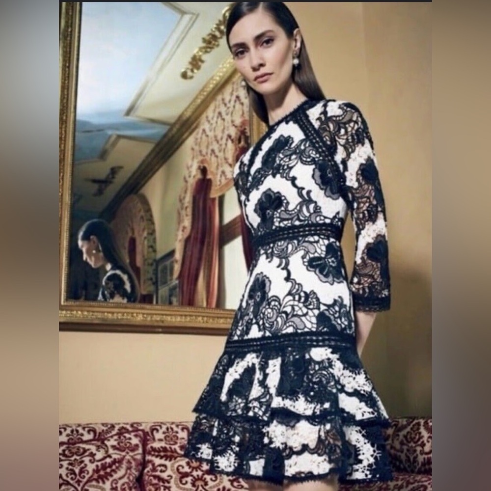 Alexis Elegant Black & White Lace Dress L - Picture 8 of 8